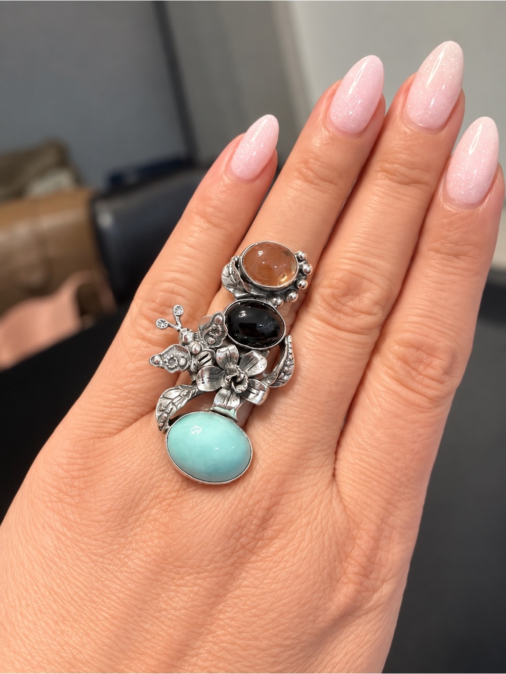 Sterling Silver Multi-Stone Floral Ring - Larimar,Onyx,Citrine